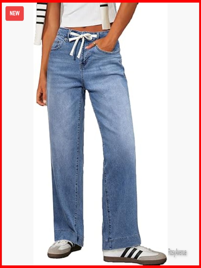 High Waisted Wide Leg Jeans Stretchy Straight Leg Baggy Drawstring Denim Pants